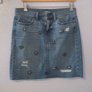 Ann Taylor LOFT flower gems fringe jean skirt